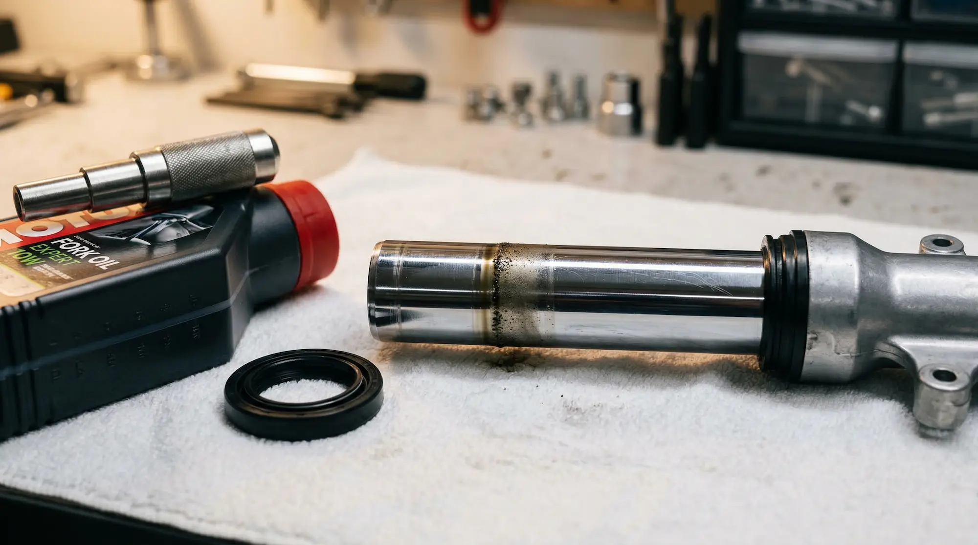 Leaking motorcycle fork stanchion showing oil residue next to a new fork seal, fork oil, and installation tools on a workbench