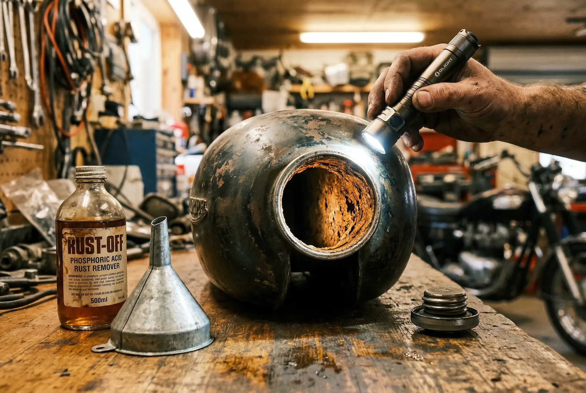 Rusty motorcycle gas tank on a workbench with rust remover chemicals and a flashlight showing interior corrosion