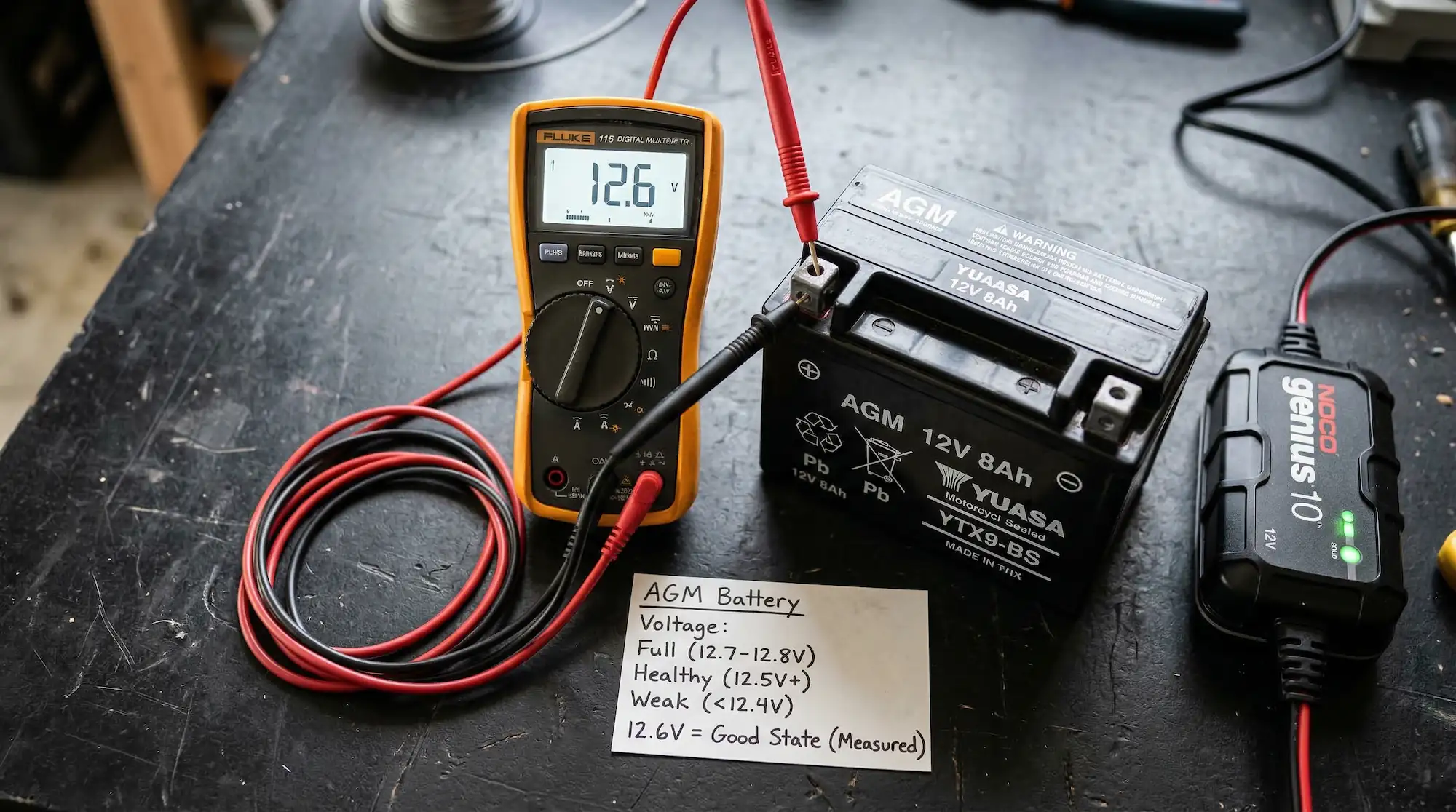 Digital multimeter showing 12.6V resting voltage connected to a motorcycle AGM battery on a workshop surface