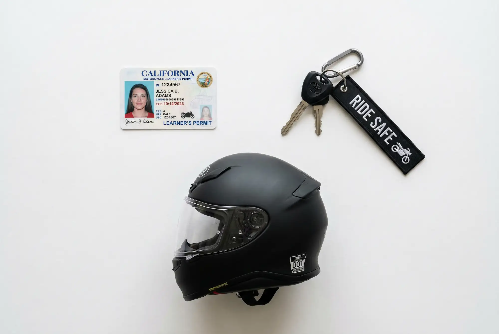 Motorcycle learner's permit, keys, and DOT helmet laid out together representing the licensing process