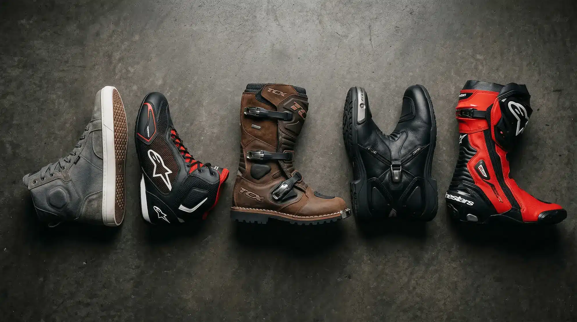 Five types of motorcycle riding boots lined up side by side showing options from casual commuter to full racing boot