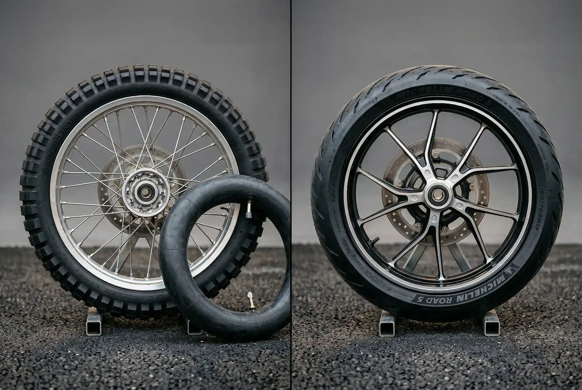 Side-by-side comparison of a spoked tubed motorcycle wheel and a cast alloy tubeless wheel