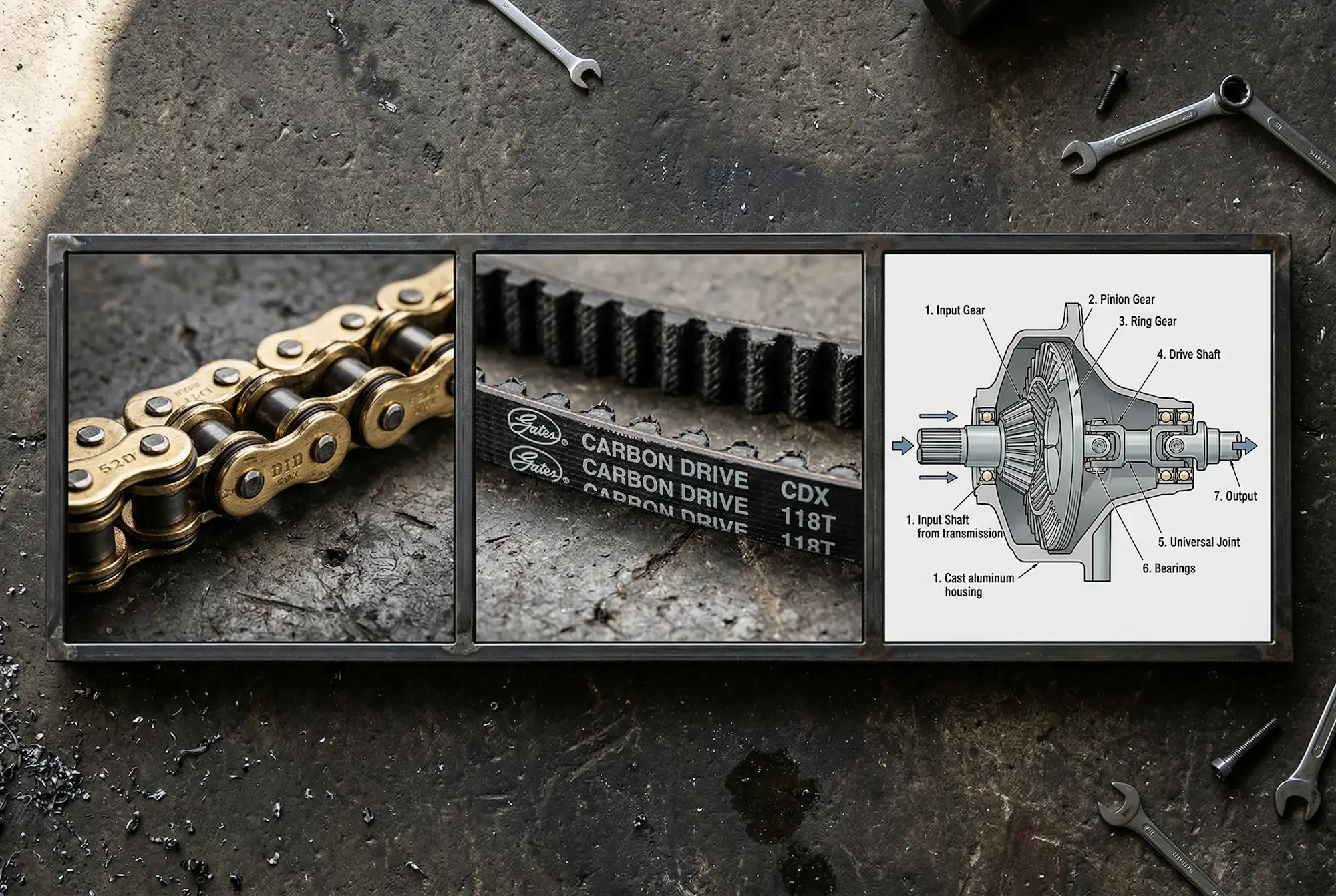 Three-panel comparison of motorcycle drive systems: chain, belt, and shaft drive close-up views