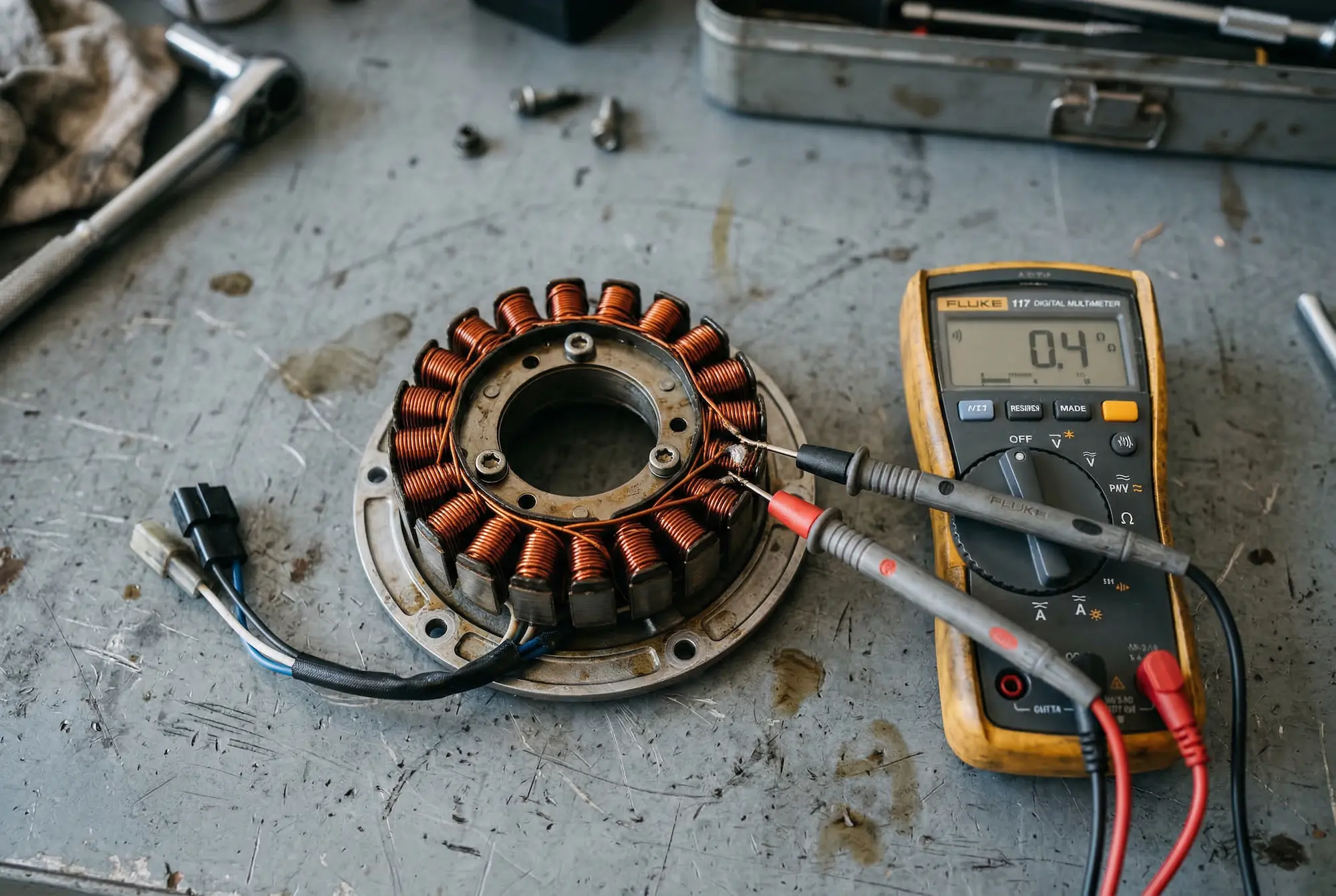 Removed motorcycle stator with copper windings next to a digital multimeter for testing
