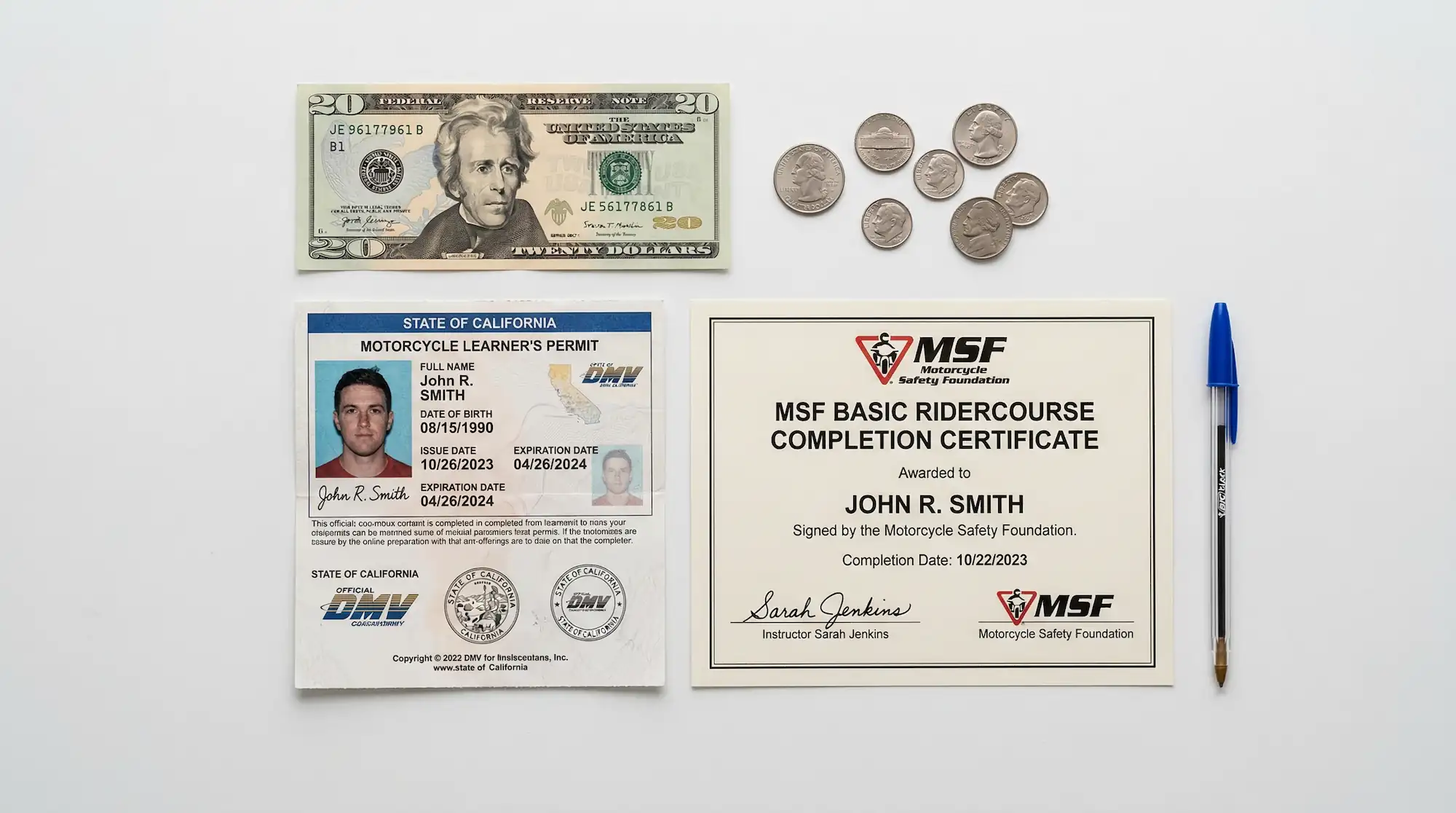 Motorcycle learner's permit, MSF course certificate, and cash representing the total cost breakdown of getting a motorcycle license