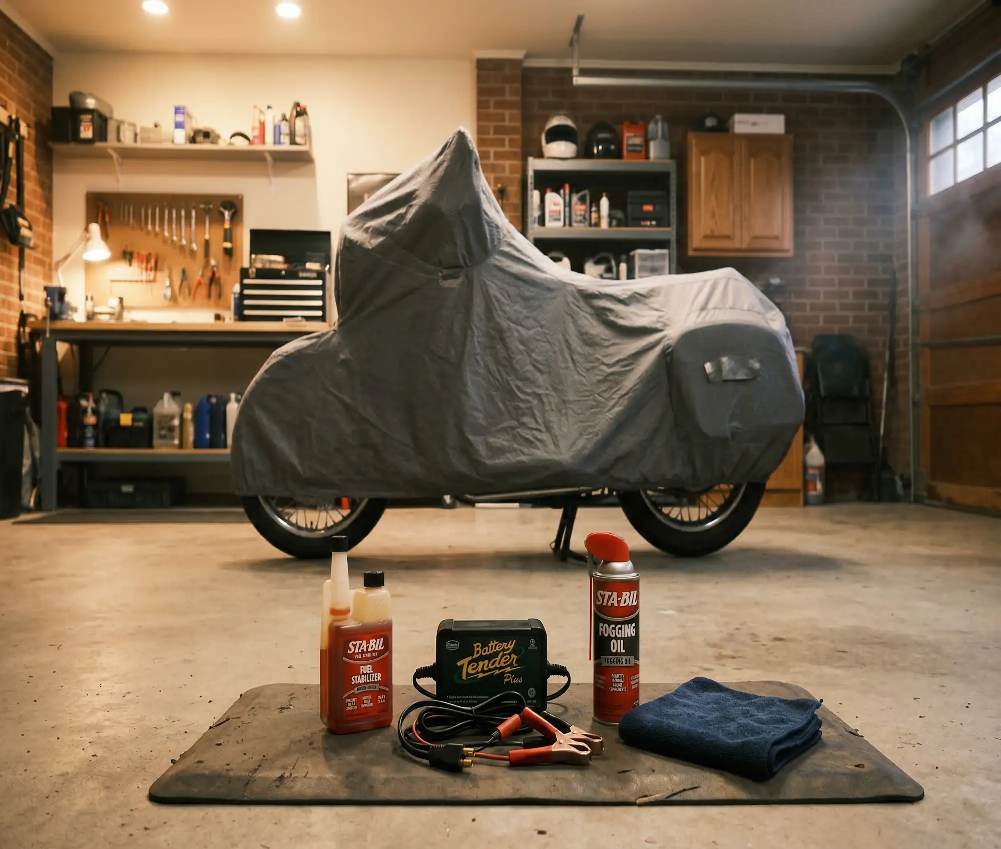 Motorcycle covered with storage cover in a winter garage surrounded by winterization supplies