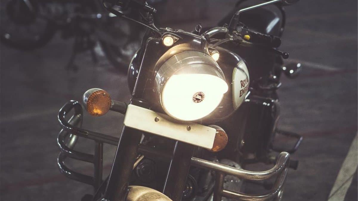 Close-up of a motorcycle headlight and front end